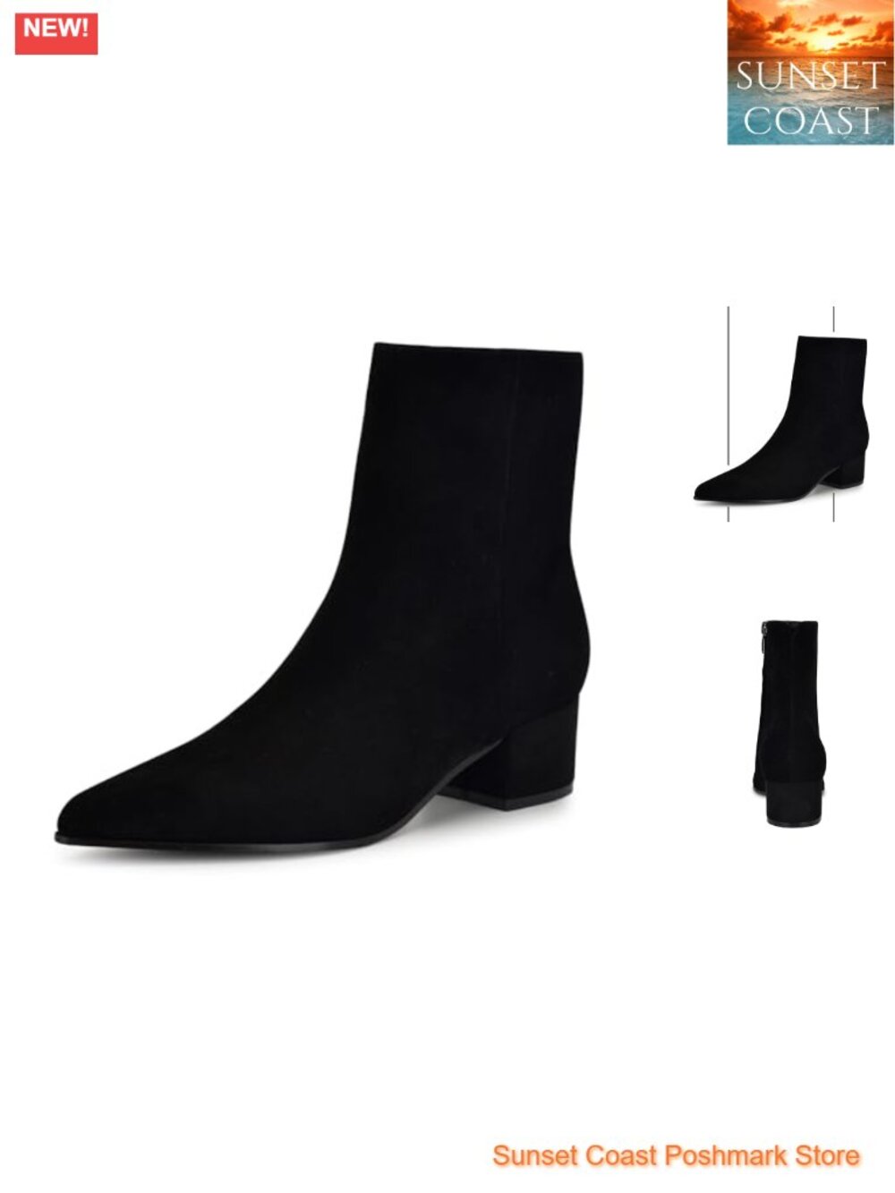 Pointy Toe Suede Ankle Booties Block Heel Side Zip